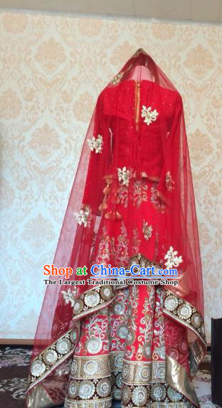 Indian Traditional Court Red Lehenga Costume Asian Hui Nationality Wedding Bride Embroidered Dress for Women