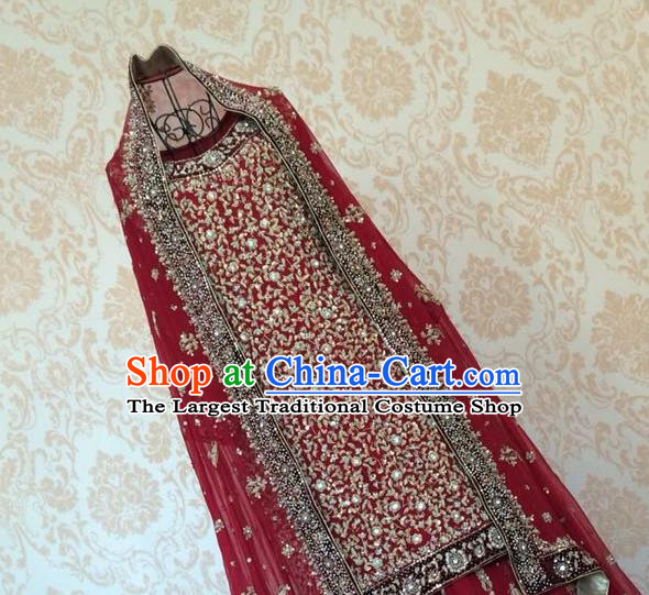 Indian Traditional Court Embroidered Beading Wedding Dress Asian Hui Nationality Bride Red Lehenga Costume for Women