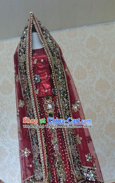Indian Traditional Court Wedding Diamante Purplish Red Lehenga Costume Asian Hui Nationality Bride Dress for Women