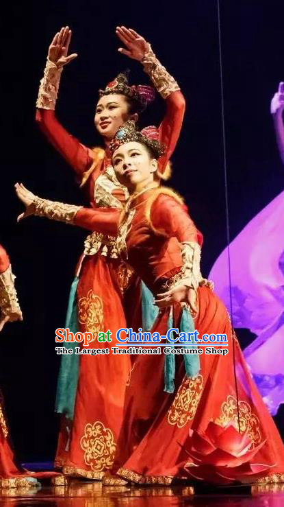 Chinese Yuan Qi Dunhuang Ethnic Dance Red Dress Traditional Classical Dance Stage Performance Costume for Women