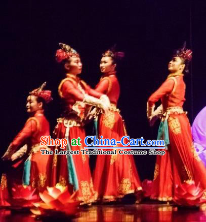Chinese Yuan Qi Dunhuang Ethnic Dance Red Dress Traditional Classical Dance Stage Performance Costume for Women