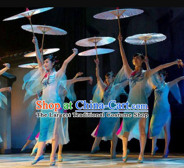 Chinese Yan Yu Xing Zhou Classical Dance Blue Dress Traditional Umbrella Dance Stage Performance Costume for Women