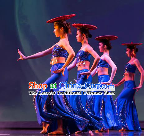 Chinese Shan Ling Dai Nationality Peacock Dance Blue Dress Traditional Folk Dance Stage Performance Costume for Women