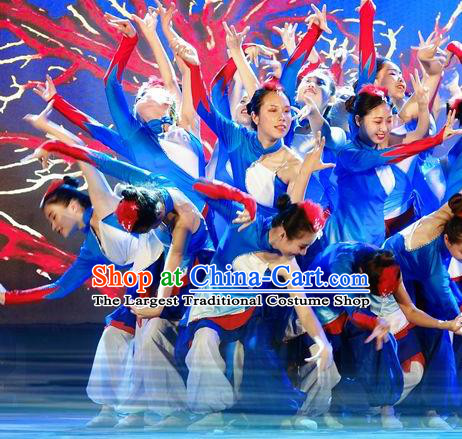 Chinese Stage Performance Red Coral Folk Dance Blue Dress Traditional Fan Dance Costume for Women