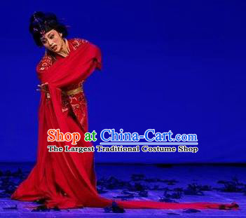 Chinese Shaoxing Opera Hua Tan Red Costumes and Headdress Hedda or Aspiration Sky High Yue Opera Huadan Dress Garment Actress Apparels