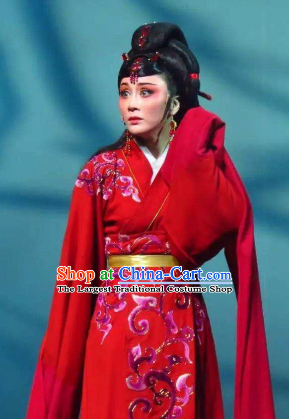 Chinese Shaoxing Opera Hua Tan Red Costumes and Headdress Hedda or Aspiration Sky High Yue Opera Huadan Dress Garment Actress Apparels