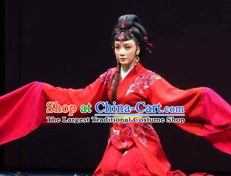 Chinese Shaoxing Opera Hua Tan Red Costumes and Headdress Hedda or Aspiration Sky High Yue Opera Huadan Dress Garment Actress Apparels