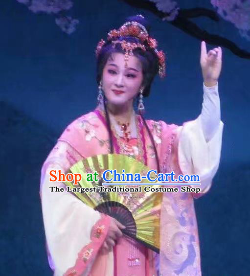 Chinese Shaoxing Opera Actress Pink Dress and Headdress Li Hua Qing Yue Opera Hua Tan Garment Rich Lady Leng Yan Apparels Costumes