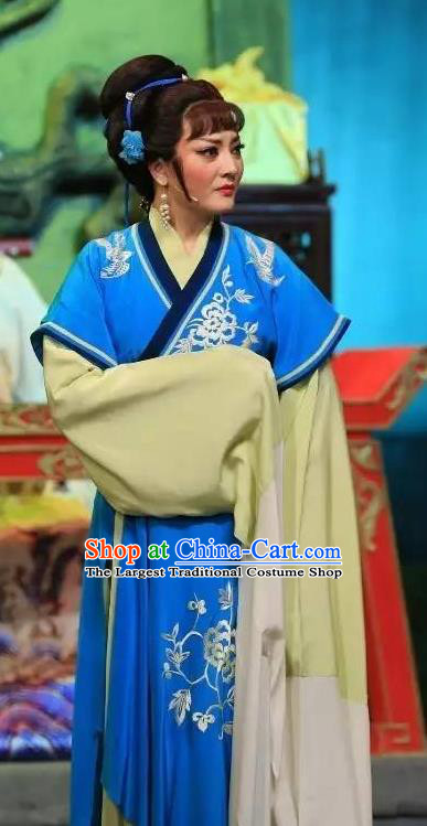 Chinese Shaoxing Opera Young Female Costumes and Headdress He Wenxiu Yue Opera Huadan Blue Dress Wang Lanying Garment Apparels