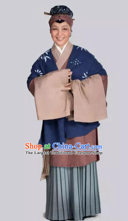 Chinese Shaoxing Opera Elderly Female Garment Costumes and Headdress Breeze Pavilion Yue Opera Laodan Dress Apparels