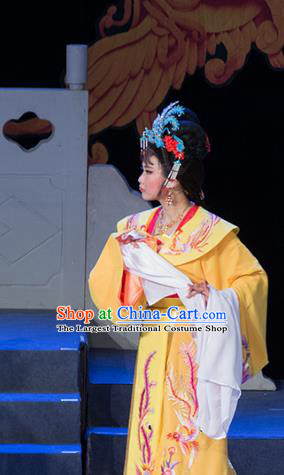 Chinese Shaoxing Opera Queen Liu E Yellow Dress Costumes and Headdress Palm Civet for Prince Yue Opera Actress Empress Garment Apparels