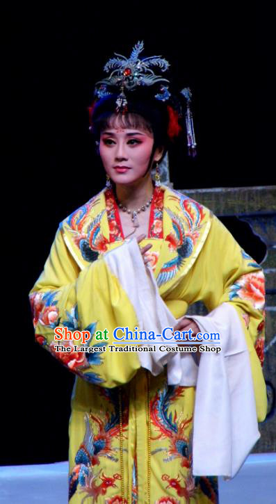 Chinese Shaoxing Opera Empress Liu E Yellow Costumes and Headdress Palm Civet for Prince Yue Opera Actress Garment Dress Apparels