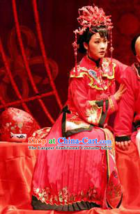 Chinese Shaoxing Opera Actress Red Garment Dress Costumes and Headdress Eternal Love Yue Opera Hua Tan Qing Dynasty Wedding Apparels