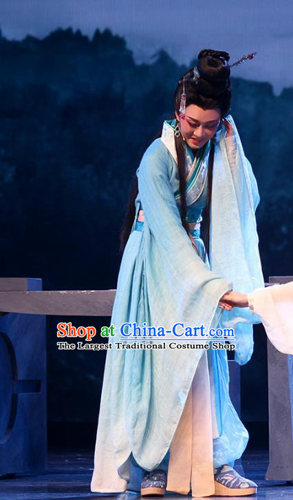 King Wu Yue Chinese Shaoxing Opera Actress Blue Dress Garment and Headpieces Yue Opera Hua Tan Imperial Consort Apparels Costumes