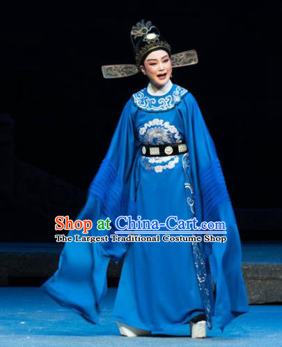 Chinese Yue Opera Scholar Costumes and Hat The Magnificent Mayor Shaoxing Opera Xiaosheng Young Male Garment Apparels Official Liu Chong Embroidered Robe