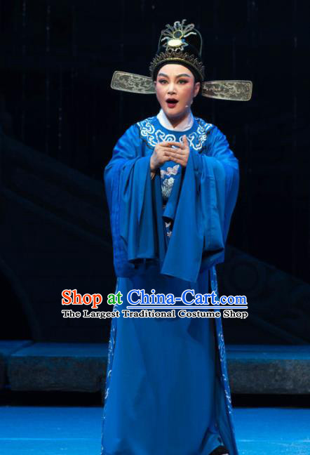 Chinese Yue Opera Scholar Costumes and Hat The Magnificent Mayor Shaoxing Opera Xiaosheng Young Male Garment Apparels Official Liu Chong Embroidered Robe