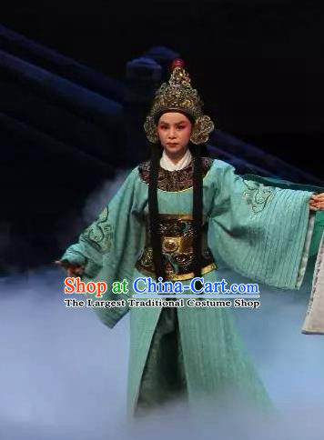Chinese Yue Opera Wusheng Green Costumes and Headwear The Magnificent Mayor Shaoxing Opera Young Male Garment Swordsman Apparels