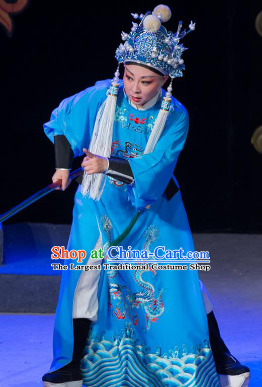 Palm Civet for Prince Chinese Yue Opera Court Eunuch Chen Lin Blue Apparels Costumes and Headwear Shaoxing Opera Garment