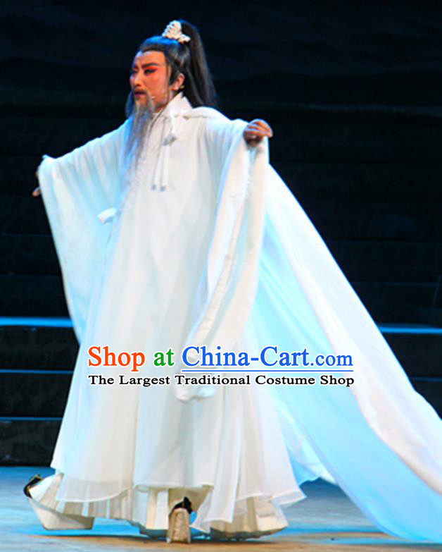 Chinese Yue Opera Poet White Apparels Costumes and Headwear Qu Yuan Shaoxing Opera Laosheng Elderly Male Robe Garment