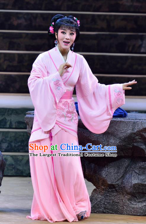 Qu Yuan Chinese Shaoxing Opera Hua Tan Actress Pink Hanfu Dress Garment and Headpieces Yue Opera Court Lady Chan Juan Apparels Costumes