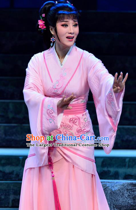 Qu Yuan Chinese Shaoxing Opera Hua Tan Actress Pink Hanfu Dress Garment and Headpieces Yue Opera Court Lady Chan Juan Apparels Costumes