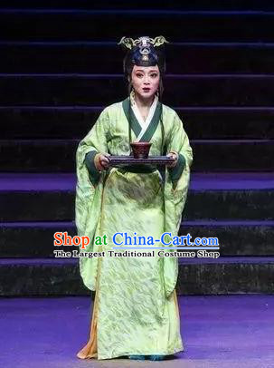 Qu Yuan Chinese Shaoxing Opera Actress Court Lady Costumes and Headpieces Yue Opera Hua Tan Green Hanfu Dress Apparels Garment