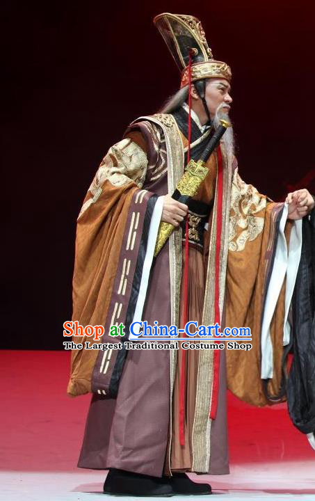 Chinese Yue Opera Elderly Male Costumes and Headwear Qu Yuan Shaoxing Opera Laosheng Official Zhang Yi Apparels Garment