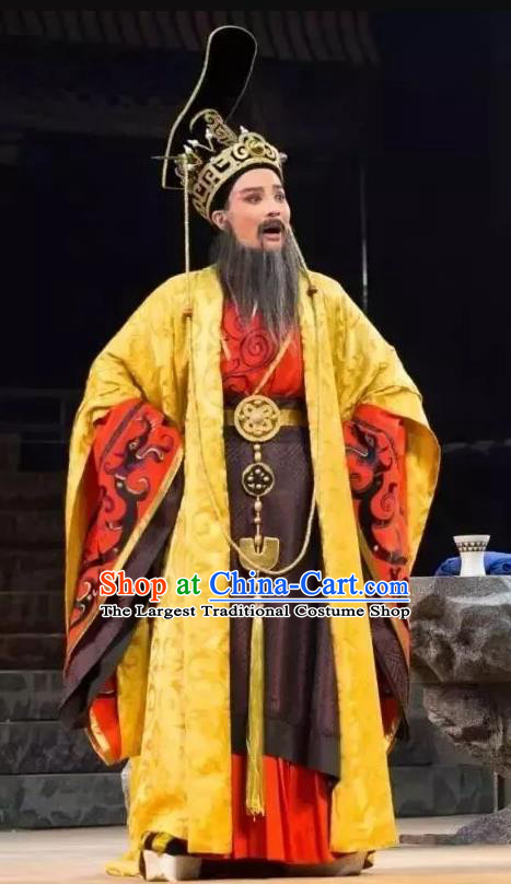 Chinese Yue Opera Elderly Male Chu King Costumes and Headwear Qu Yuan Shaoxing Opera Laosheng Apparels Garment Embroidered Robe