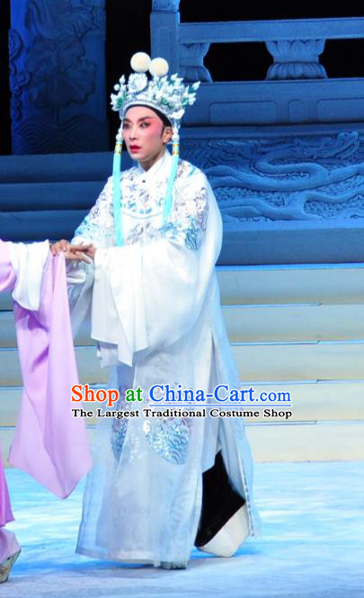 Chinese Yue Opera Palm Civet for Prince Costumes and Headwear Shaoxing Opera Apparels Court Eunuch Chen Lin White Embroidered Robe Garment