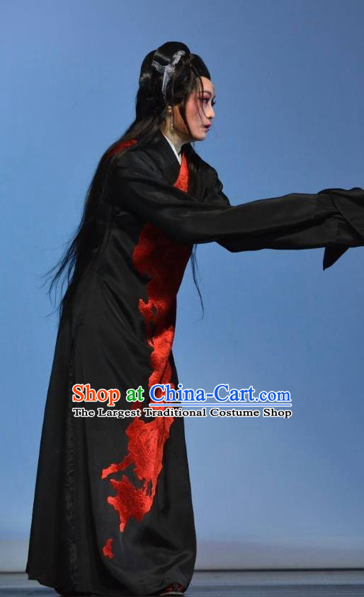 Chinese Shaoxing Opera Distress Maiden Black Dress Apparels Costumes and Headpieces Qing Teng Kuang Ge Yue Opera Actress Young Female Garment