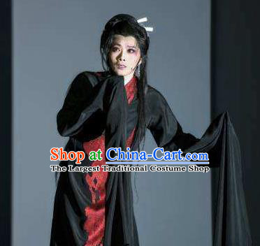 Chinese Shaoxing Opera Distress Maiden Black Dress Apparels Costumes and Headpieces Qing Teng Kuang Ge Yue Opera Actress Young Female Garment