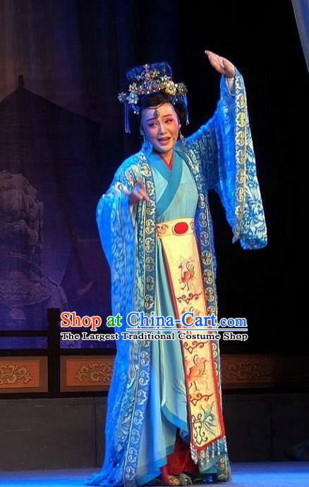 Chinese Shaoxing Opera Court Queen Blue Dress Costumes and Headdress Han Wen Empress Yue Opera Actress Apparels Garment