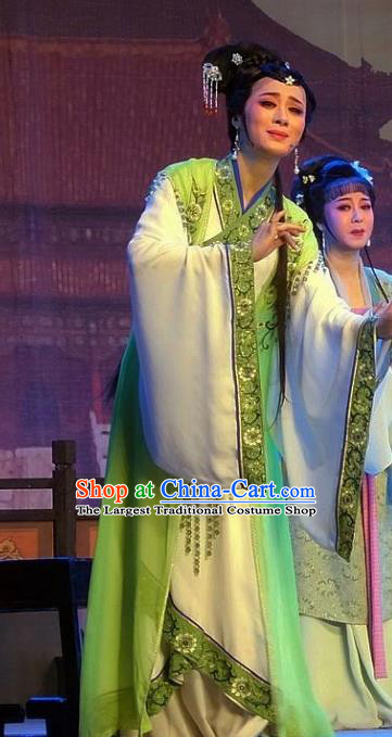 Chinese Shaoxing Opera Hua Tan Green Dress Costumes and Headpieces Han Wen Empress Yue Opera Actress Palace Lady Garment Apparels
