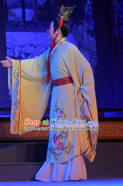 Chinese Yue Opera Niche Scholar Garment Costumes and Headwear Han Wen Empress Shaoxing Opera Young Male Yellow Robe Apparels Clothing