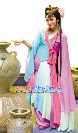 Chinese Shaoxing Opera Actress Rosy Dress and Headpieces Smoky Rain Celadon Yue Opera Hua Tan Garment Apparels Young Lady Costumes