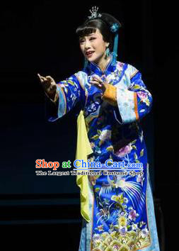 Chinese Shaoxing Opera Rich Dame Royalblue Dress Apparels and Hair Accessories Ling Long Nv Yue Opera Actress Garment Costumes