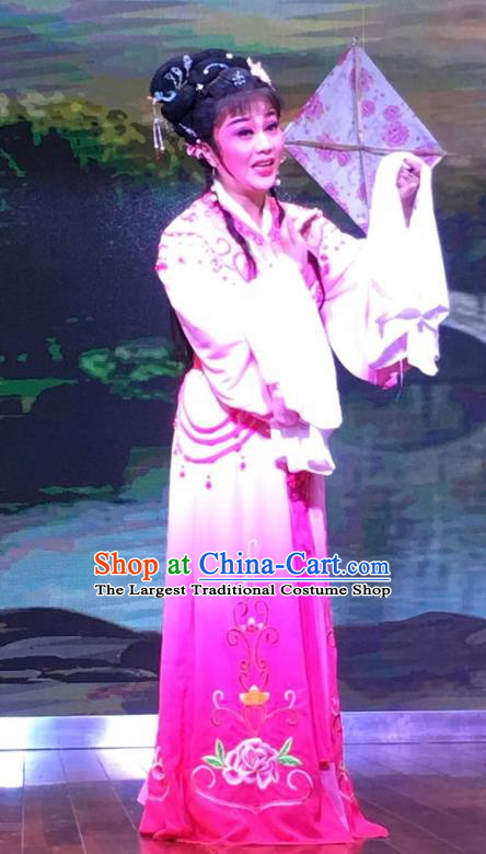 The Crimson Palm Chinese Shaoxing Opera Young Female Garment Costumes and Headwear Yue Opera Hua Tan Wang Qianjin Dress Apparels