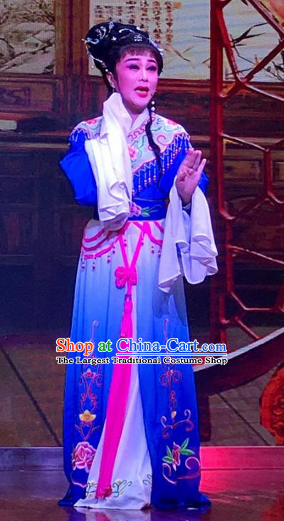 The Crimson Palm Chinese Shaoxing Opera Hua Tan Garment Apparels Costumes and Headpieces Yue Opera Young Female Wang Qianjin Blue Dress