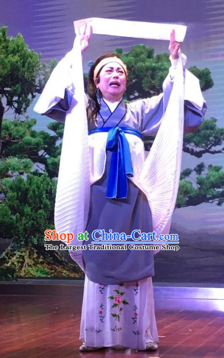The Crimson Palm Chinese Shaoxing Opera Elderly Female Garment Apparels Costumes and Headdress Yue Opera Old Country Woman Dress