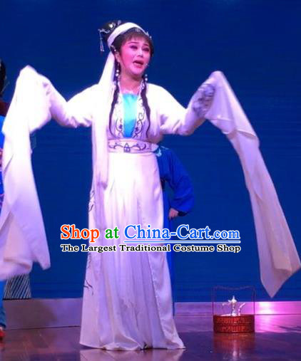 The Crimson Palm Chinese Shaoxing Opera Distress Maiden Wang Qianjin Apparels Costumes and Headdress Yue Opera Tsing Yi Dress Garment