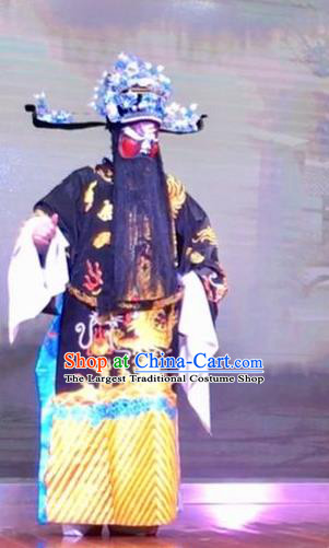 Chinese Yue Opera Official Bao Zheng Garment and Headwear The Crimson Palm Shaoxing Opera Elderly Male Apparels Costumes Embroidered Robe Vestment