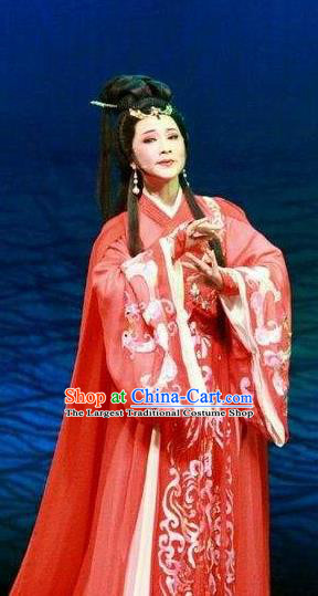 Chinese Shaoxing Opera Young Lady Tong Que Tai Garment Apparels Costumes and Headdress Yue Opera Hua Tan Diao Chan Red Hanfu Dress