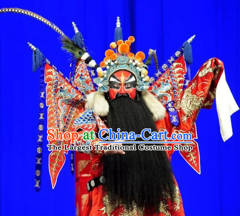 Chinese Historical Beijing Opera General Red Kao Armor Suit with Flags Apparels Zhu Lian Zhai Peking Opera Elderly Male Garment Costumes and Headpiece