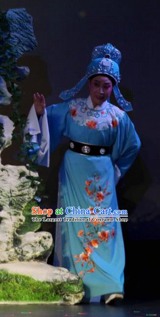 The Purple Hairpin Chinese Yue Opera Scholar Li Yi Costumes and Headwear Shaoxing Opera Xiaosheng Garment Apparels Young Male Blue Robe