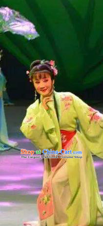 Chinese Shaoxing Opera Young Female Green Dress Apparels and Hair Accessories Mo Chou Nv Yue Opera Hua Tan Garment Costumes