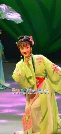 Chinese Shaoxing Opera Young Female Green Dress Apparels and Hair Accessories Mo Chou Nv Yue Opera Hua Tan Garment Costumes