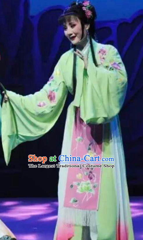 Chinese Shaoxing Opera Actress Green Dress Apparels and Hair Accessories Mo Chou Nv Yue Opera Hua Tan Young Lady Garment Costumes