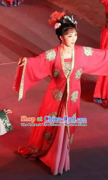 Chinese Shaoxing Opera Hua Tan Red Dress Apparels and Hair Accessories Baihua River Yue Opera Actress Young Female Cai Feng Garment Costumes