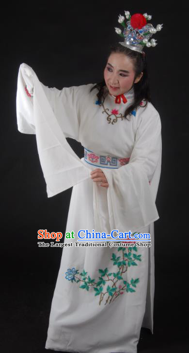 Chinese Yue Opera Young Male Lu Yong Garment Costumes and Headwear Shaoxing Opera Mo Chou Nv Xiaosheng Apparels Scholar White Robe