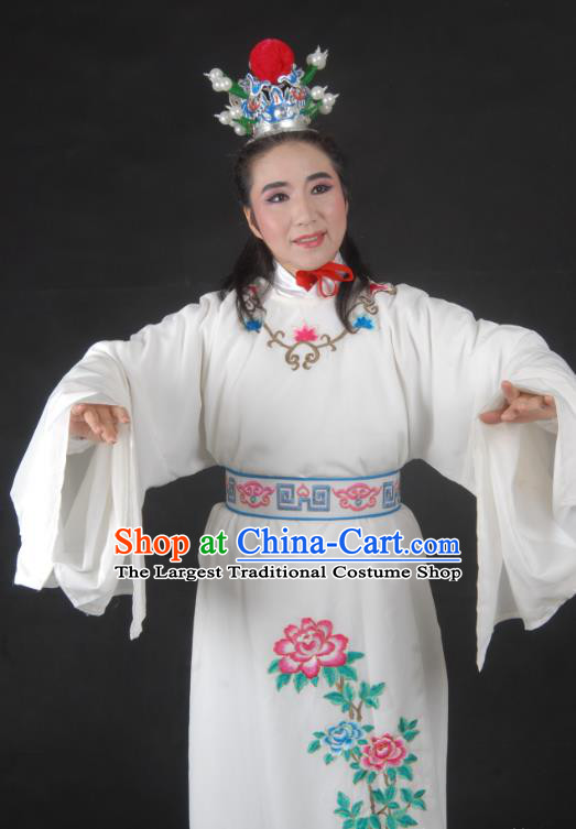 Chinese Yue Opera Young Male Lu Yong Garment Costumes and Headwear Shaoxing Opera Mo Chou Nv Xiaosheng Apparels Scholar White Robe